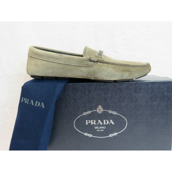 PRADA 2DD159 KHAKI FUMO SUEDE LOGO DRIVING MOCCASINS LOAFERS 7 / US 8 ITALY - Picture 11 of 12